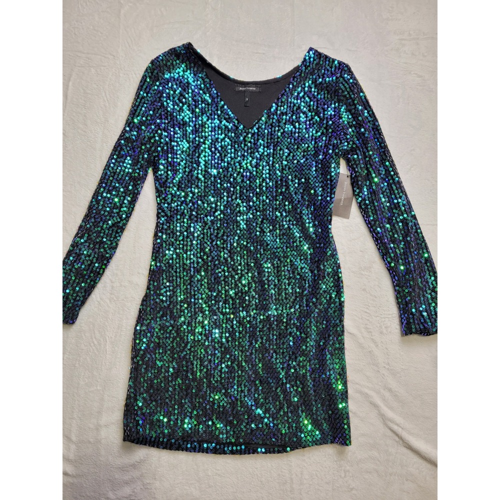 NWT Jeremy Vandiver Sequin Mini Dress Women S Blue Teal V-Neck Long Sleeve Glam